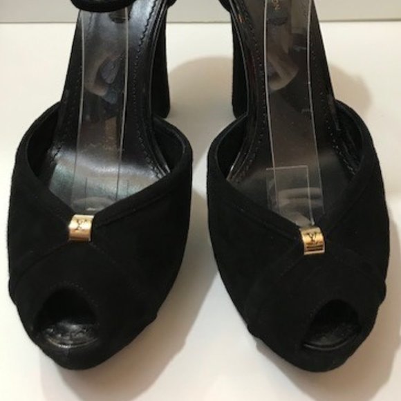 LOUIS VUITTON Black Suede Peep Toe Platform Pumps - Picture 3 of 7